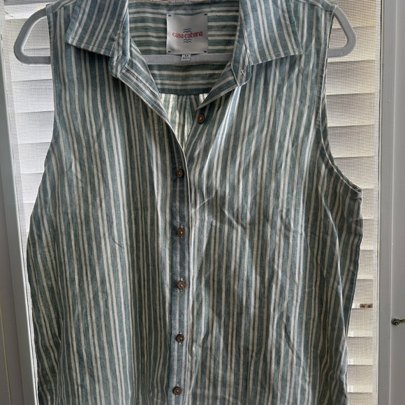 Casa Cabana Tops - Casa Cabana Sleeveless Button-Down Shirt in Green Stripe